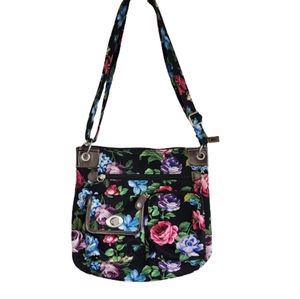 Black floral crossbody purse shoulder bag with pink blue purple flowers